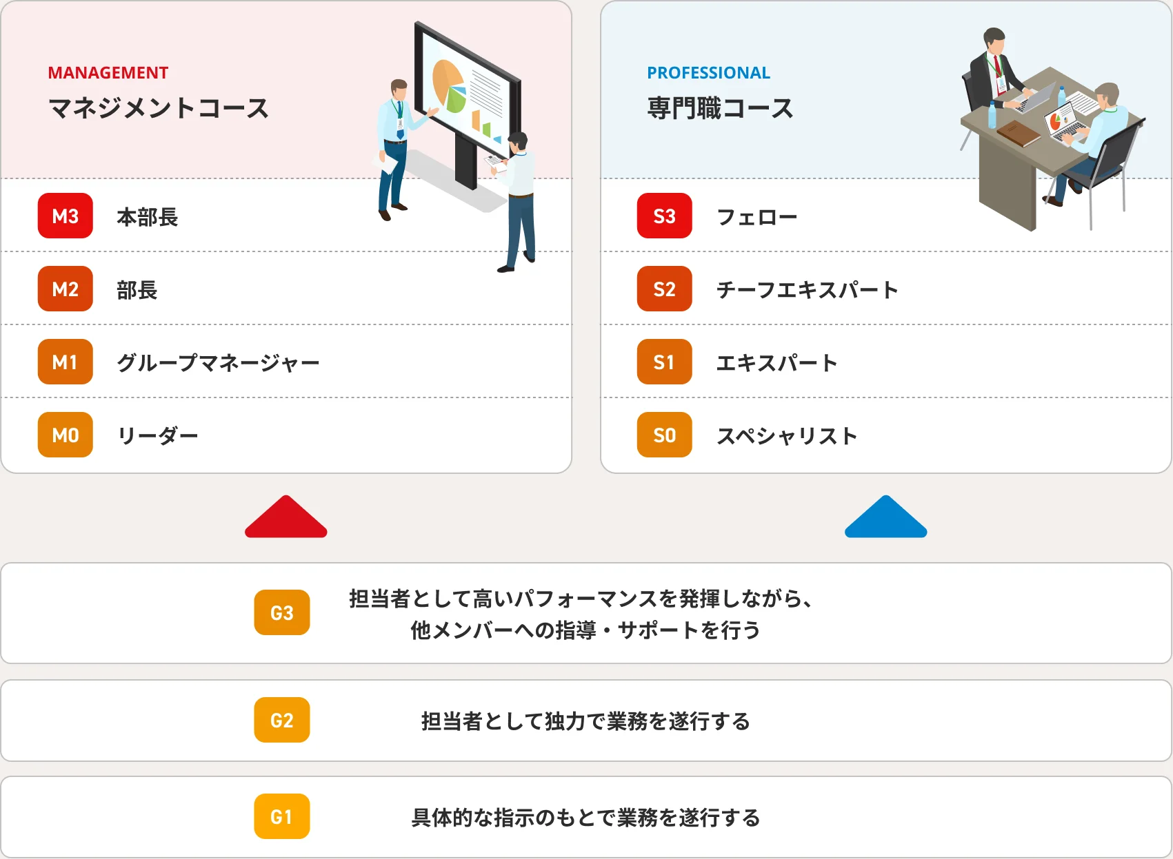 キャリアパスの図。G1〜G3を経て、マネジメントコース（M0リーダー〜M3本部長）と専門職コース（S0スペシャリスト〜S3フェロー）に分かれる