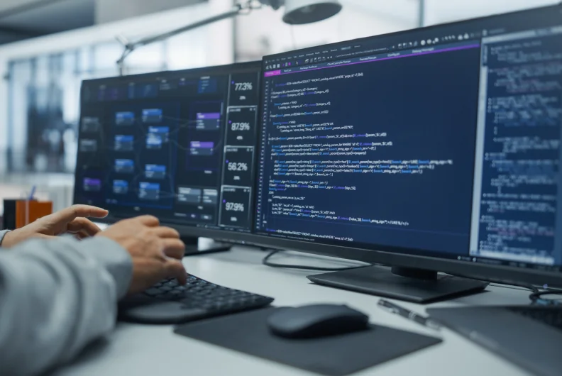 コードが表示された複数のモニターで作業する社員